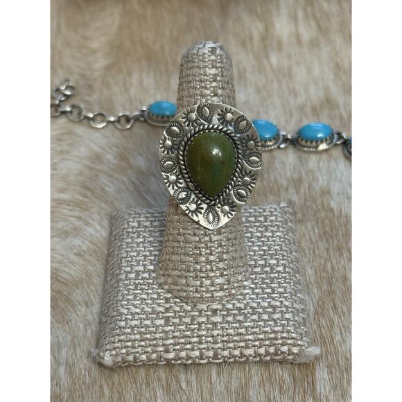 Native American SW Sterling Silver emerald valley Turquoise Ring Adj💚Stamped - Picture 3 of 11
